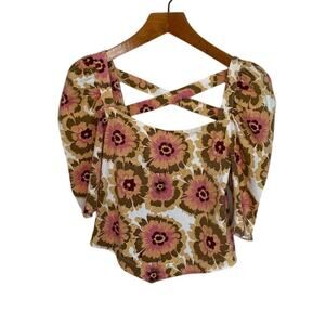 Free People Give Me More Top Floral Ivory Combo Puff Sleeve Cross Back M